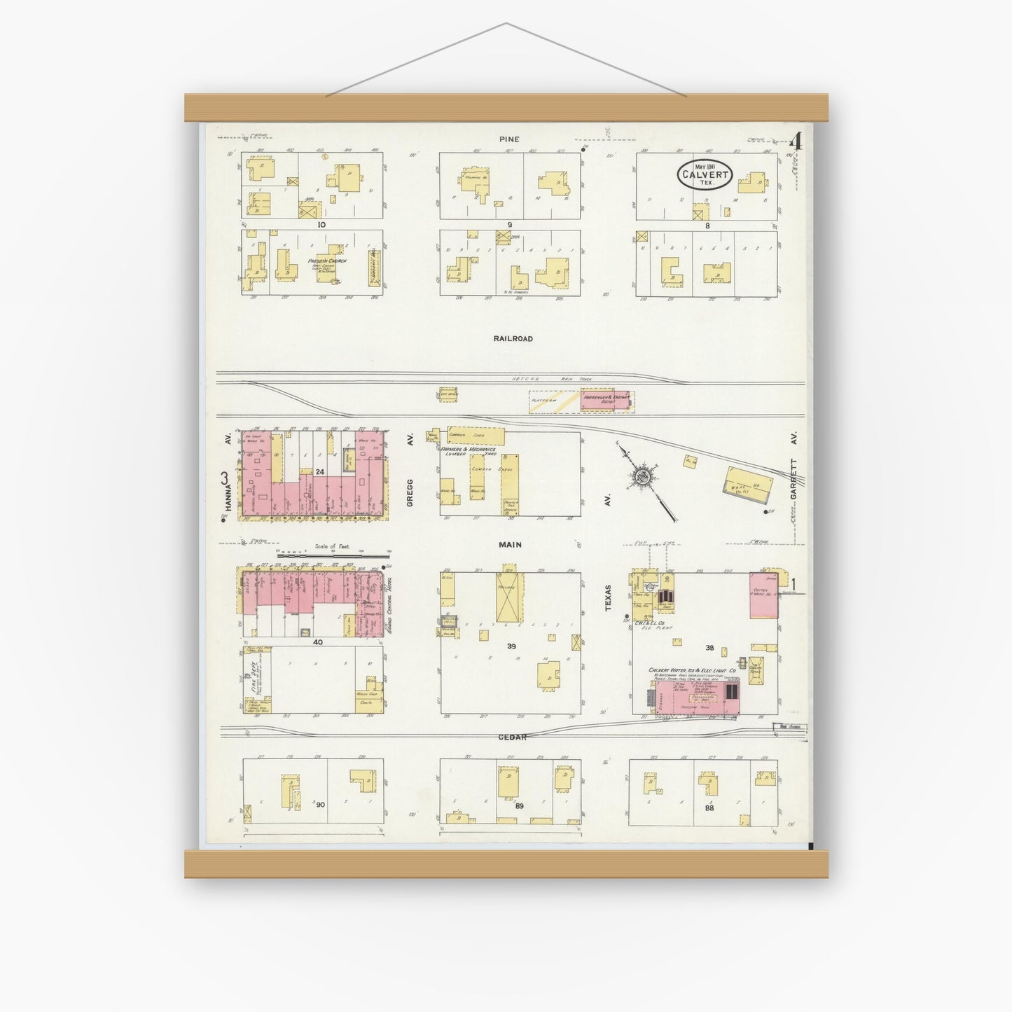 Old map wall art mockup — magnetic wood frame on white wall — Sanborn Fire Insurance Map from Calvert, Robertson County, Texas (1911), Sheet #0004