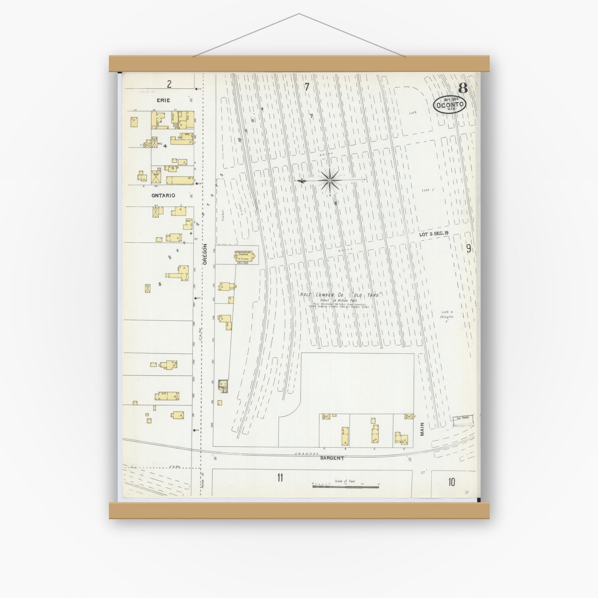 Old map wall art mockup — magnetic wood frame on white wall — Sanborn Fire Insurance Map from Oconto, Oconto County, Wisconsin (1904), Sheet #0008