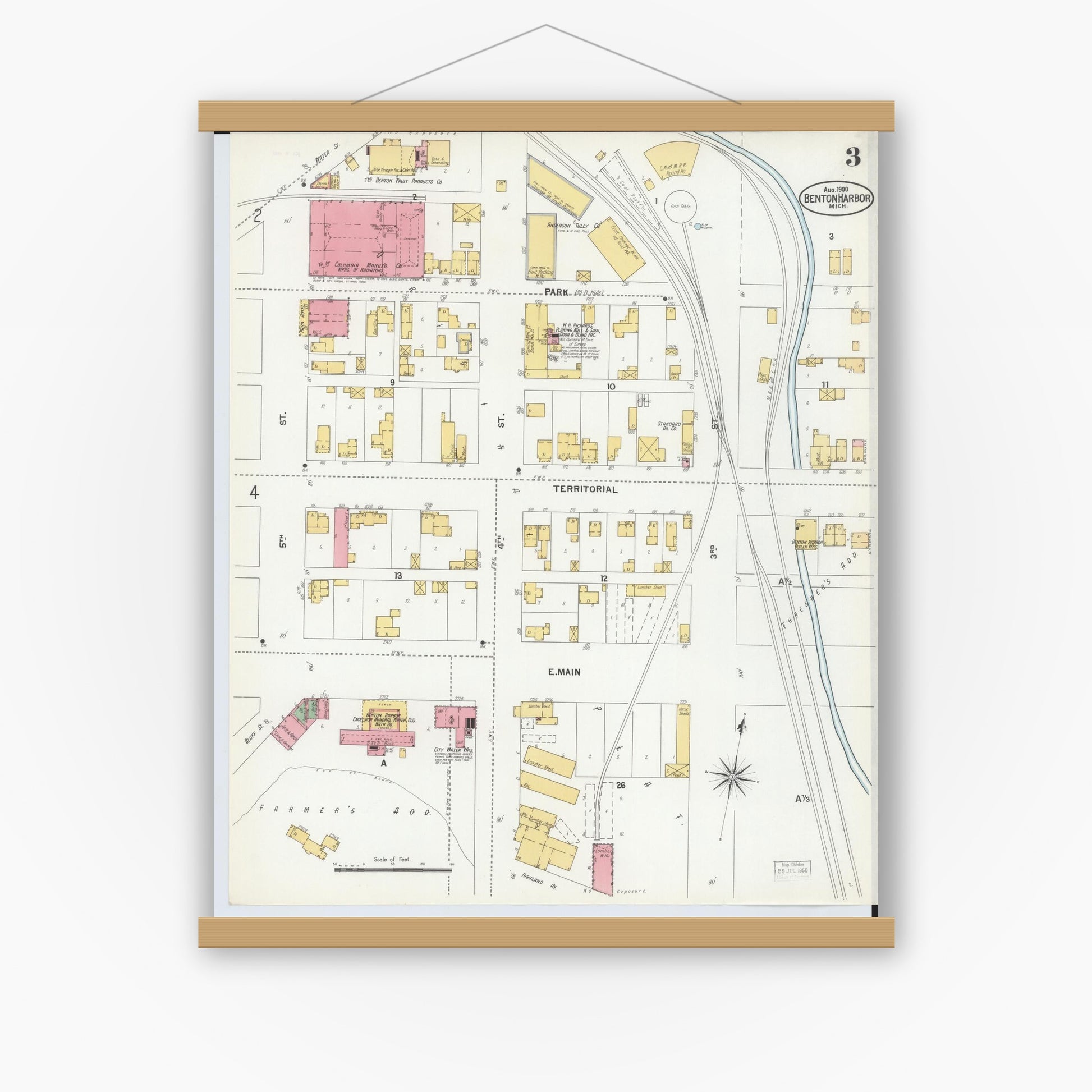 Old map wall art mockup — magnetic wood frame on white wall — Sanborn Fire Insurance Map from Benton Harbor, Berrien County, Michigan (1900), Sheet #0003