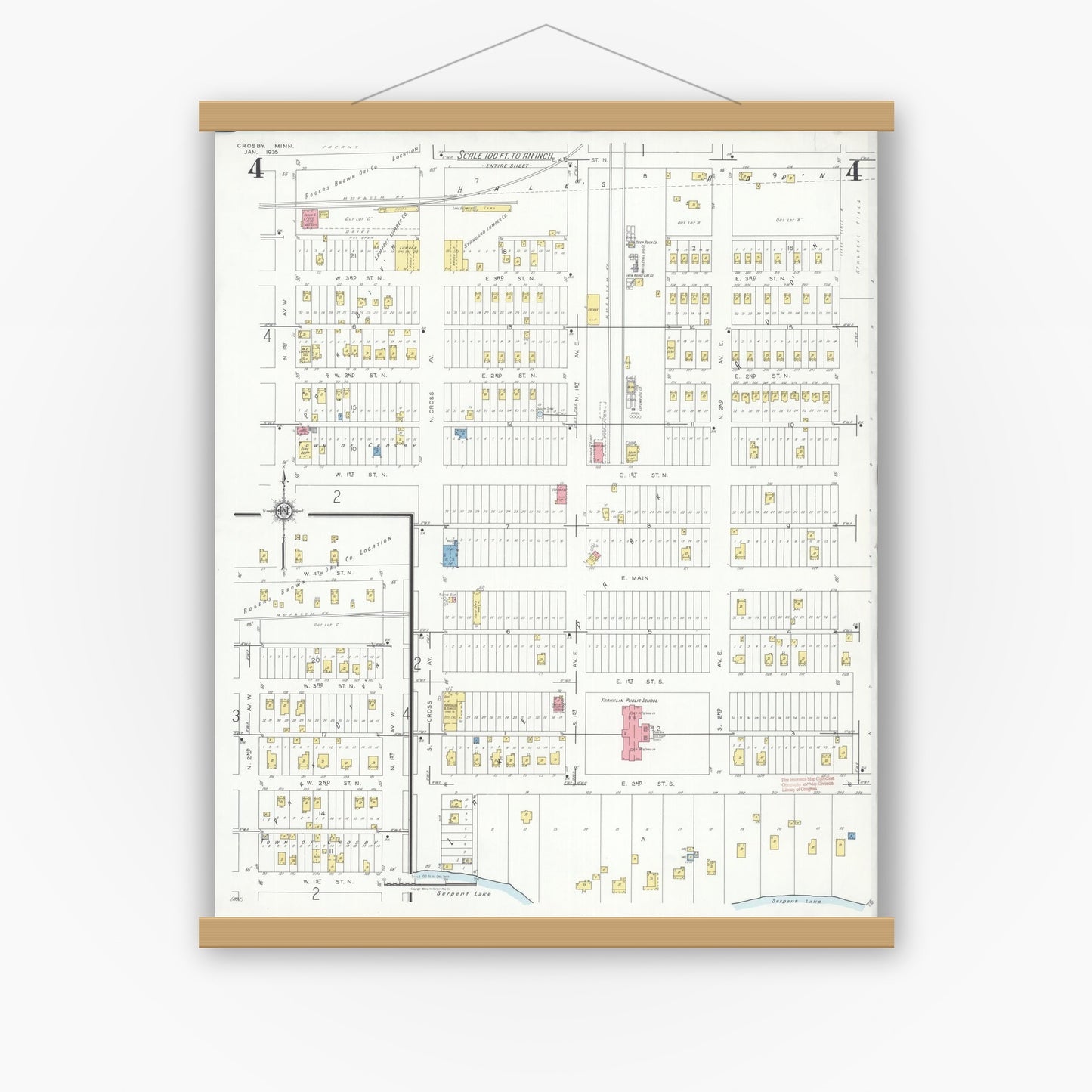 Old map wall art mockup — magnetic wood frame on white wall — Sanborn Fire Insurance Map from Crosby, Crow Wing County, Minnesota (1935), Sheet #0004