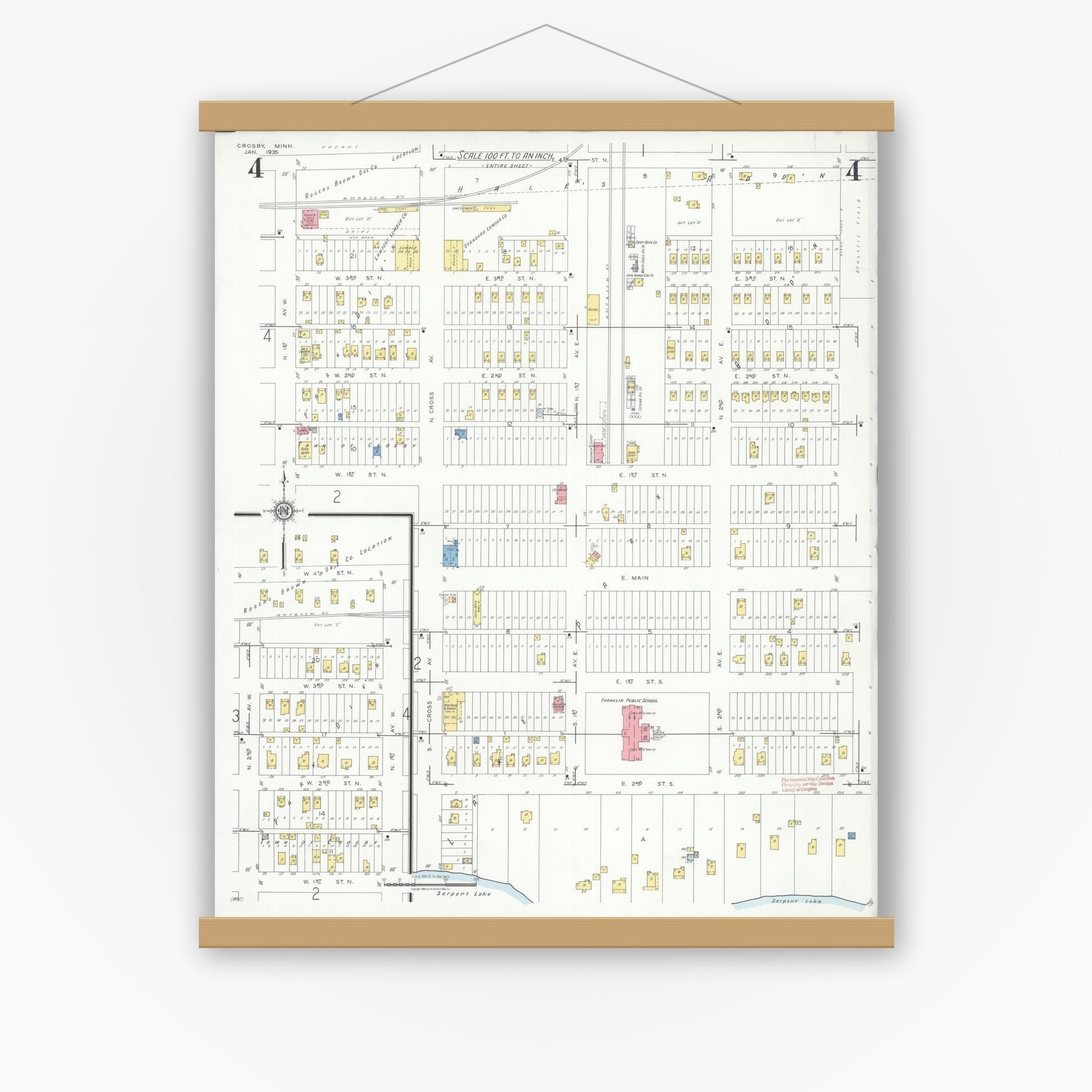 Old map wall art mockup — magnetic wood frame on white wall — Sanborn Fire Insurance Map from Crosby, Crow Wing County, Minnesota (1935), Sheet #0004