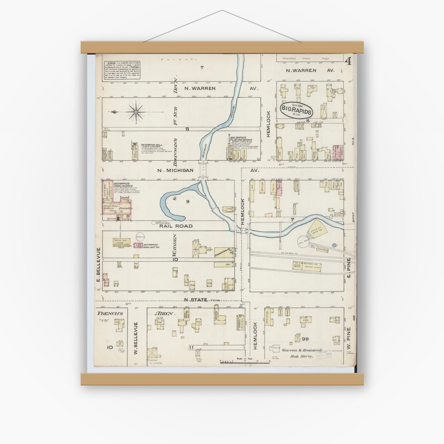 Old map wall art mockup — magnetic wood frame on white wall — Sanborn Fire Insurance Map from Big Rapids, Mecosta County, Michigan (1884), Sheet #0004