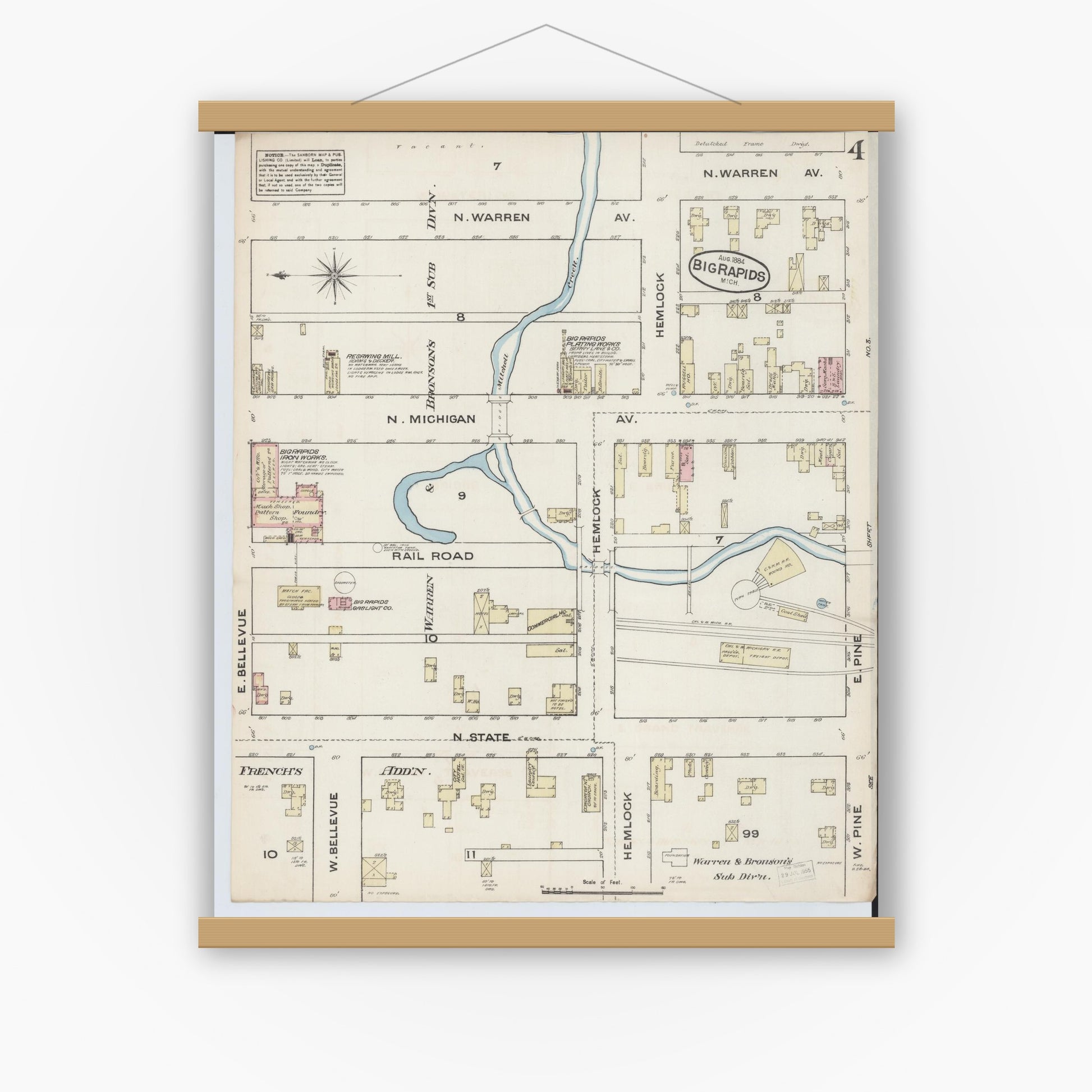 Old map wall art mockup — magnetic wood frame on white wall — Sanborn Fire Insurance Map from Big Rapids, Mecosta County, Michigan (1884), Sheet #0004