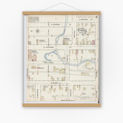 Old map wall art mockup — magnetic wood frame on white wall — Sanborn Fire Insurance Map from Big Rapids, Mecosta County, Michigan (1884), Sheet #0004