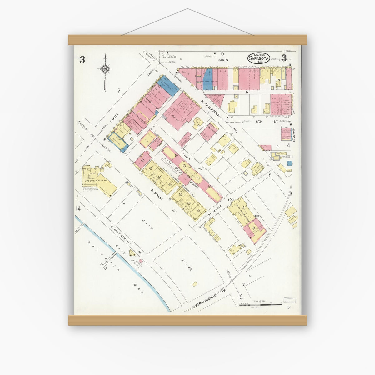 Old map wall art mockup — magnetic wood frame on white wall — Sanborn Fire Insurance Map from Sarasota, Sarasota County, Florida (1925), Sheet #0003