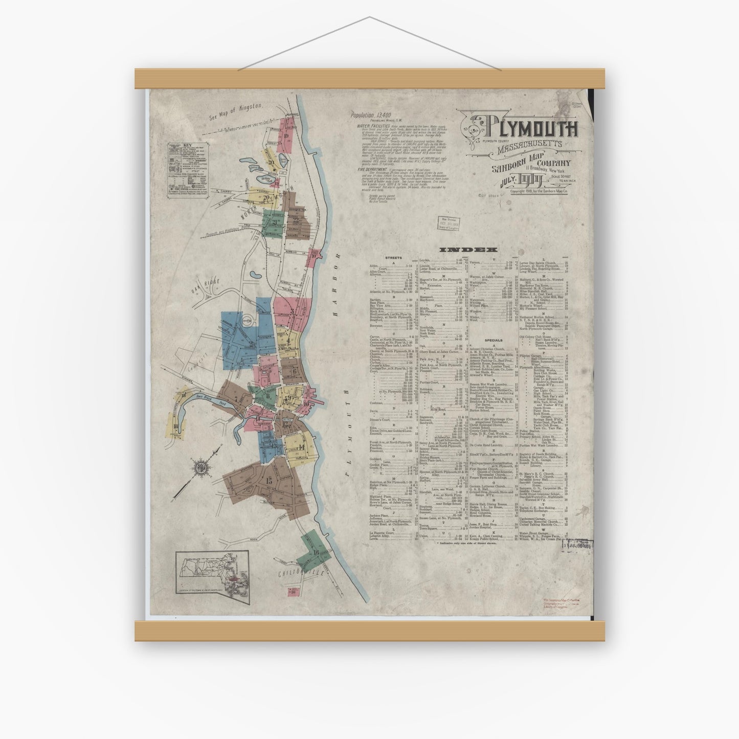 Old map wall art mockup — magnetic wood frame on white wall — Sanborn Fire Insurance Map from Plymouth, Plymouth County, Massachusetts (1919), Sheet #0001