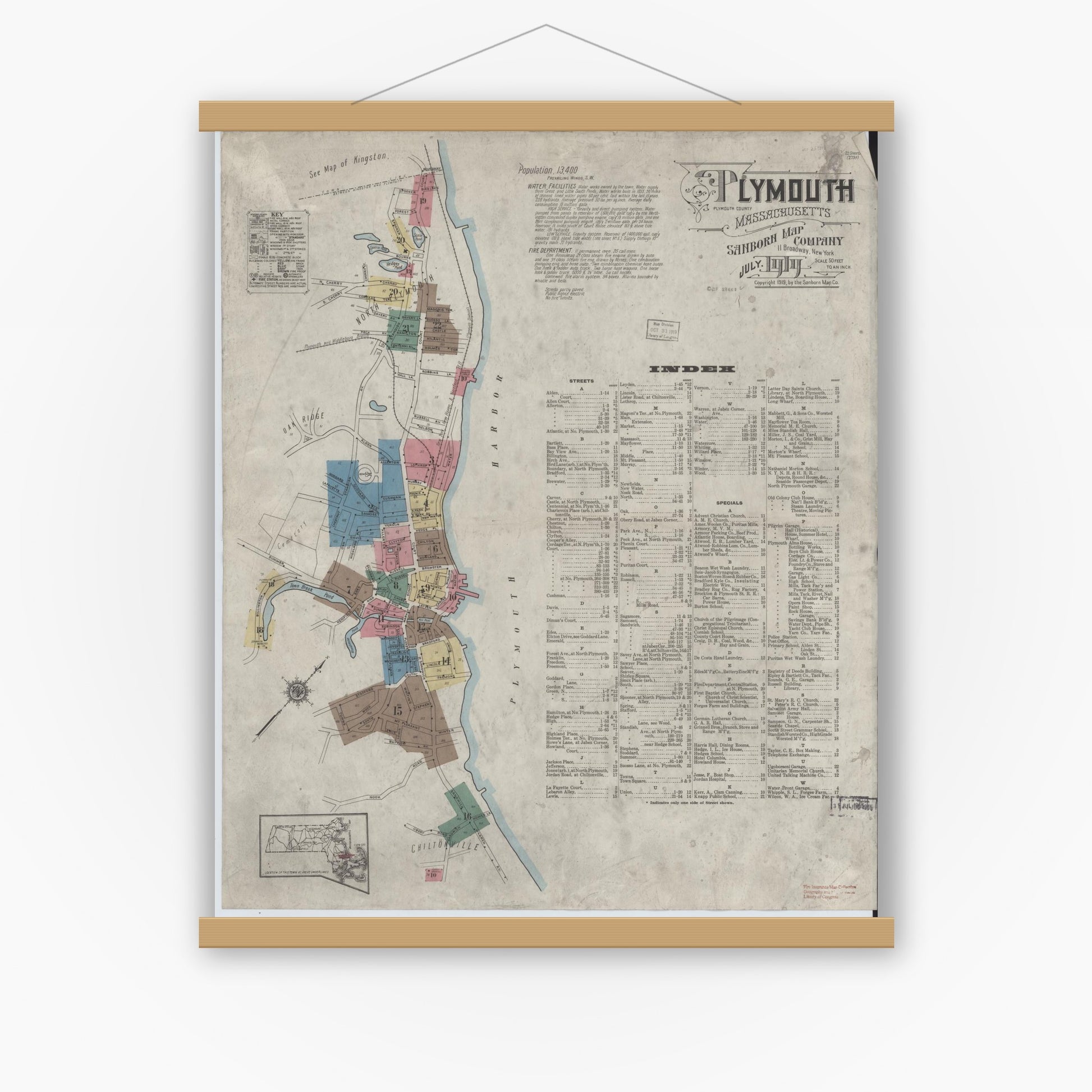Old map wall art mockup — magnetic wood frame on white wall — Sanborn Fire Insurance Map from Plymouth, Plymouth County, Massachusetts (1919), Sheet #0001