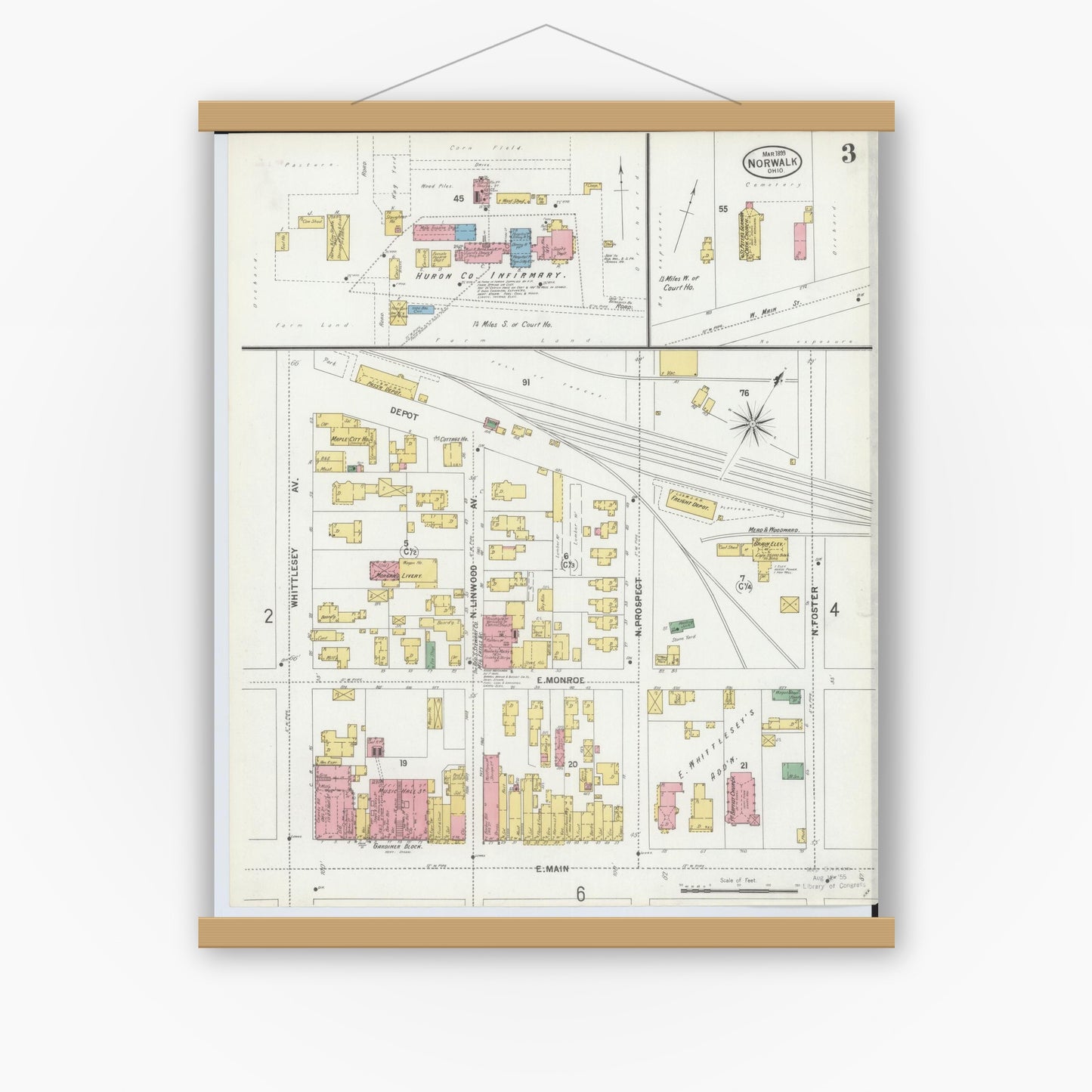 Old map wall art mockup — magnetic wood frame on white wall — Sanborn Fire Insurance Map from Norwalk, Huron County, Ohio (1899), Sheet #0003
