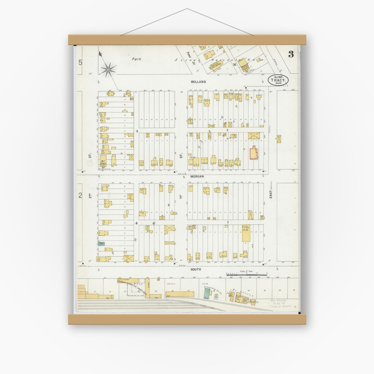 Old map wall art mockup — magnetic wood frame on white wall — Sanborn Fire Insurance Map from Tracy, Lyon County, Minnesota (1899), Sheet #0003