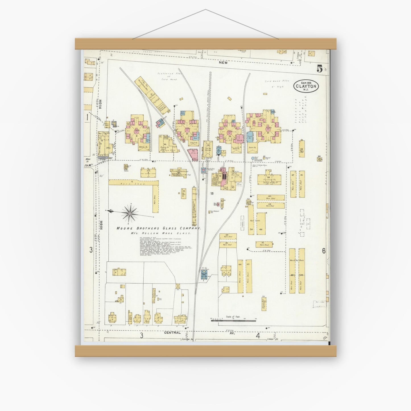 Old map wall art mockup — magnetic wood frame on white wall — Sanborn Fire Insurance Map from Clayton, Gloucester County, New Jersey (1905), Sheet #0005