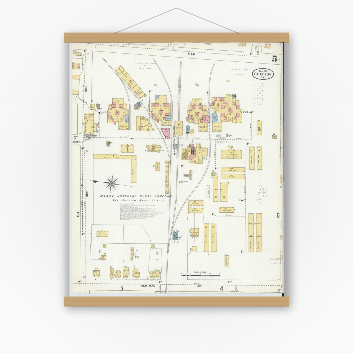 Old map wall art mockup — magnetic wood frame on white wall — Sanborn Fire Insurance Map from Clayton, Gloucester County, New Jersey (1905), Sheet #0005
