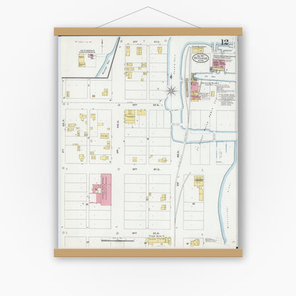 Old map wall art mockup — magnetic wood frame on white wall — Sanborn Fire Insurance Map from Saint Cloud, Stearns, Benton, and Sherburne Counties, Minnesota (1904), Sheet #0012