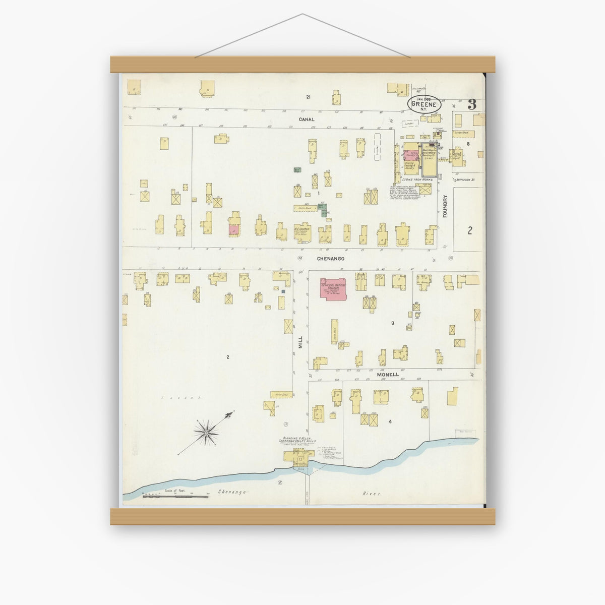 Old map wall art mockup — magnetic wood frame on white wall — Sanborn Fire Insurance Map from Greene, Chenango County, New York (1903), Sheet #0003