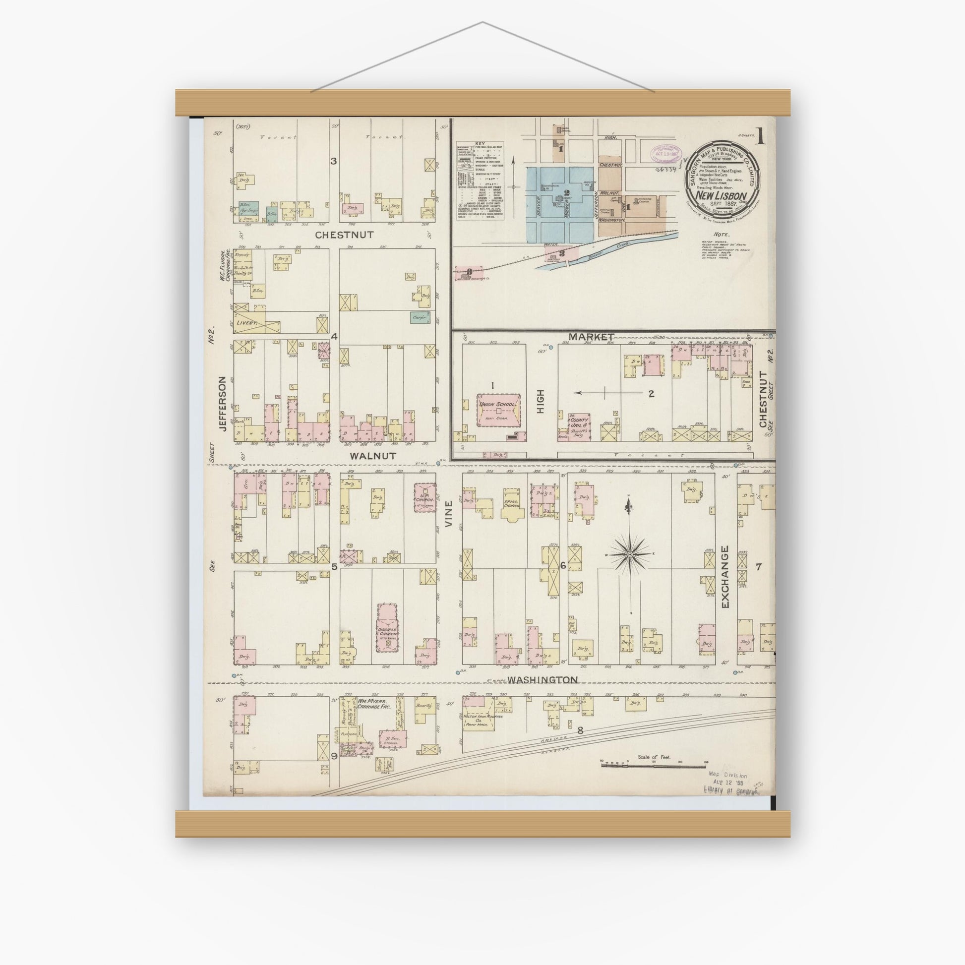 Old map wall art mockup — magnetic wood frame on white wall — Sanborn Fire Insurance Map from New Lisbon, Columbiana County, Ohio (1887), Sheet #0001