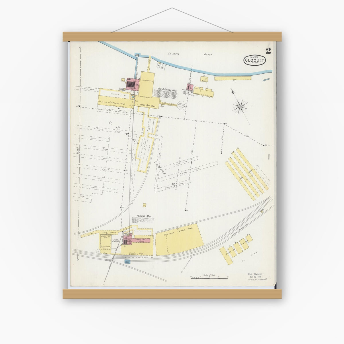 Old map wall art mockup — magnetic wood frame on white wall — Sanborn Fire Insurance Map from Cloquet, Carlton County, Minnesota (1892), Sheet #0002