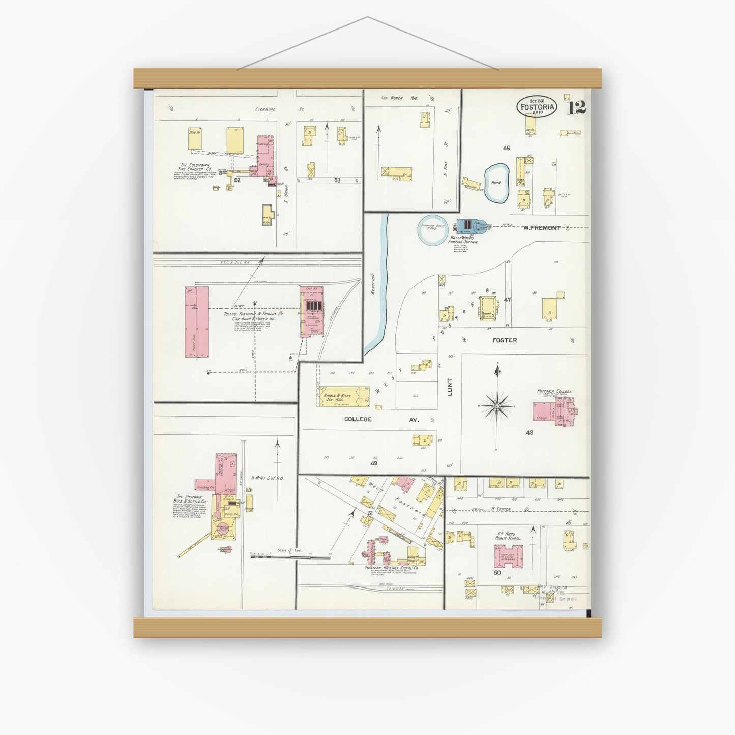 Old map wall art mockup — magnetic wood frame on white wall — Sanborn Fire Insurance Map from Fostoria, Seneca, Hancock, And Wood Counties, Ohio (1901), Sheet #0012