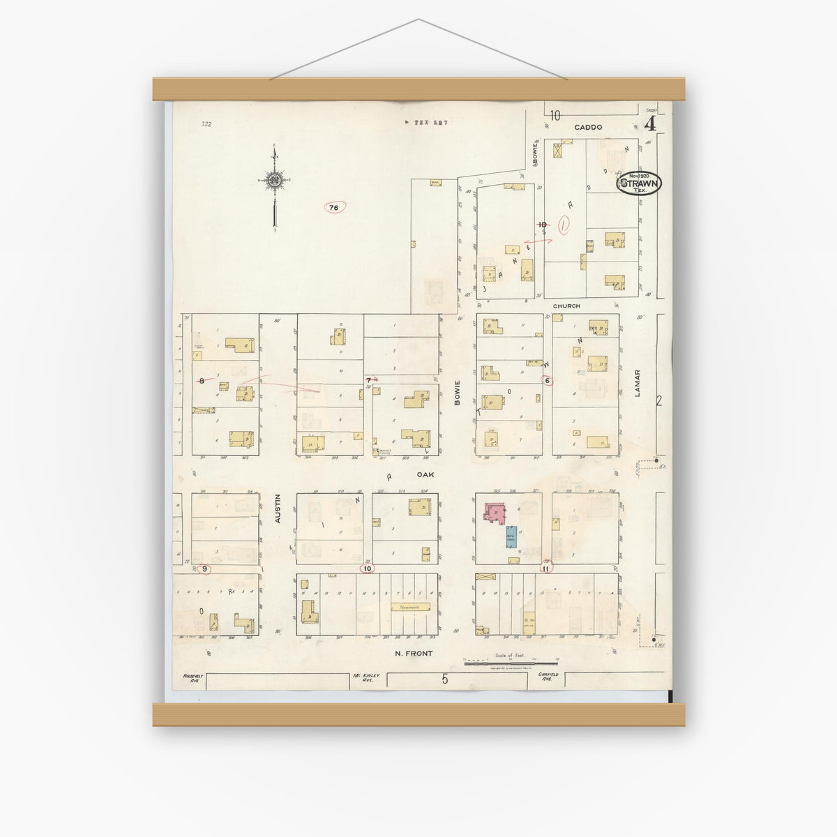 Old map wall art mockup — magnetic wood frame on white wall — Sanborn Fire Insurance Map from Strawn, Palo Pinto County, Texas (1944), Sheet #0004