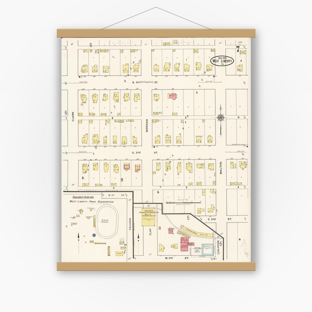 Old map wall art mockup — magnetic wood frame on white wall — Sanborn Fire Insurance Map from West Liberty, Muscatine County, Iowa (1922), Sheet #0007