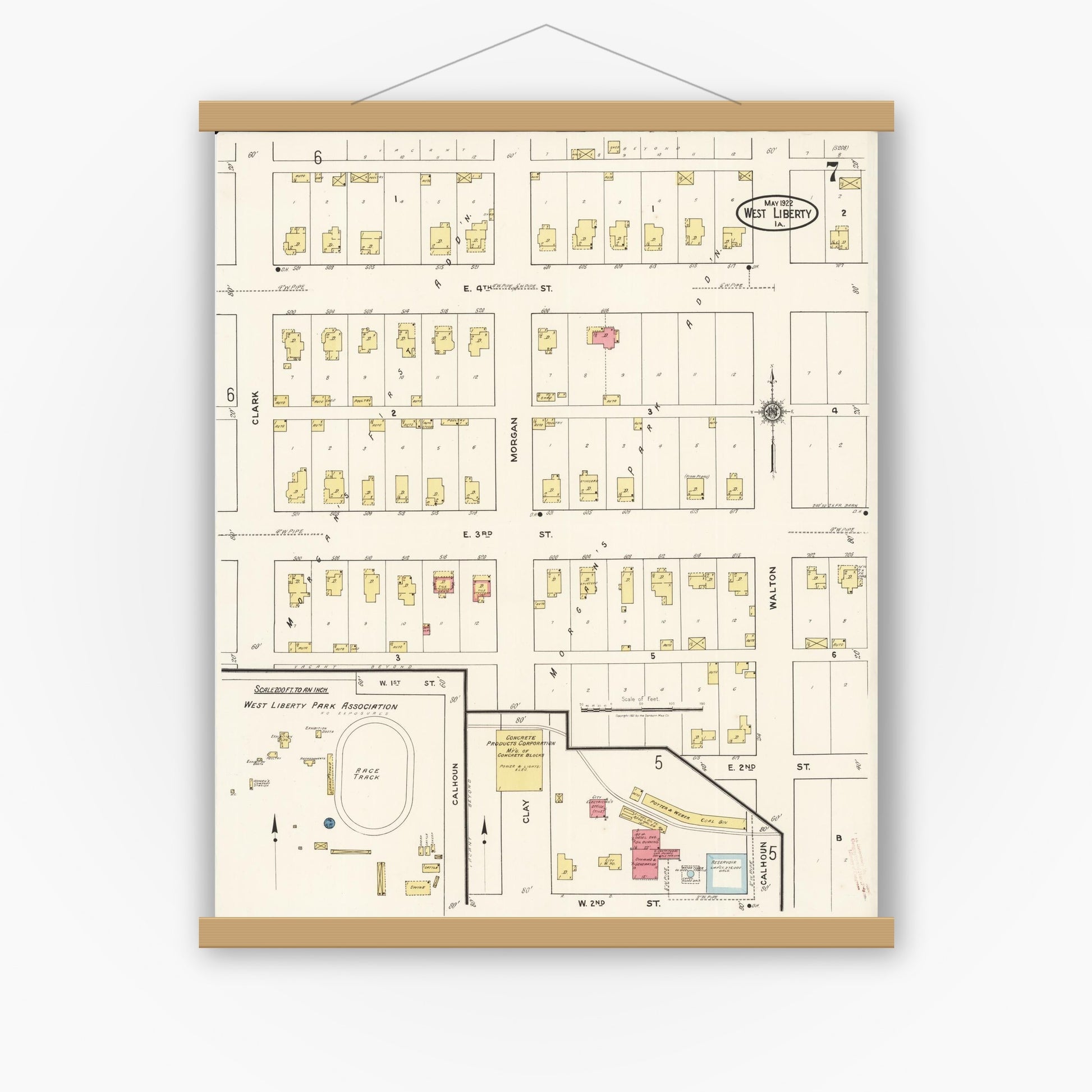 Old map wall art mockup — magnetic wood frame on white wall — Sanborn Fire Insurance Map from West Liberty, Muscatine County, Iowa (1922), Sheet #0007