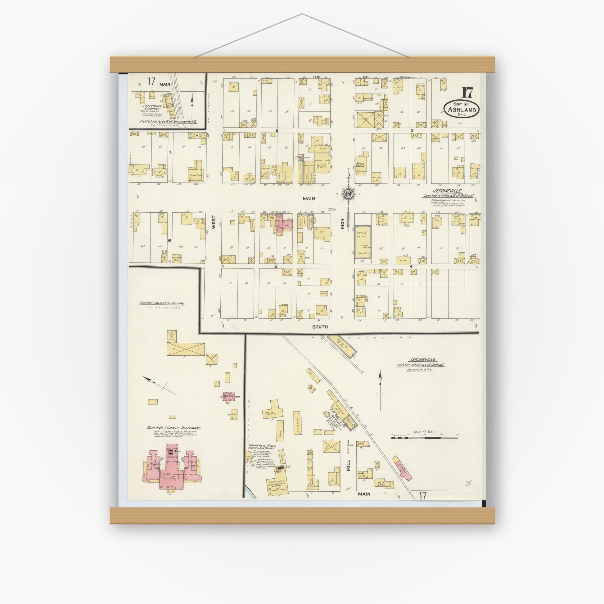 Old map wall art mockup — magnetic wood frame on white wall — Sanborn Fire Insurance Map from Ashland, Ashland County, Ohio (1911), Sheet #0017