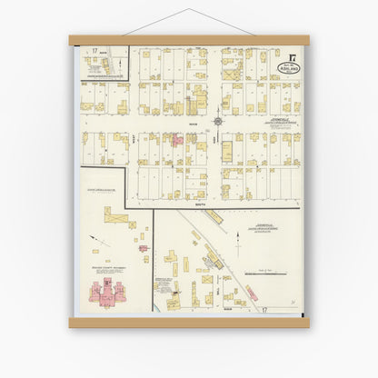 Old map wall art mockup — magnetic wood frame on white wall — Sanborn Fire Insurance Map from Ashland, Ashland County, Ohio (1911), Sheet #0017