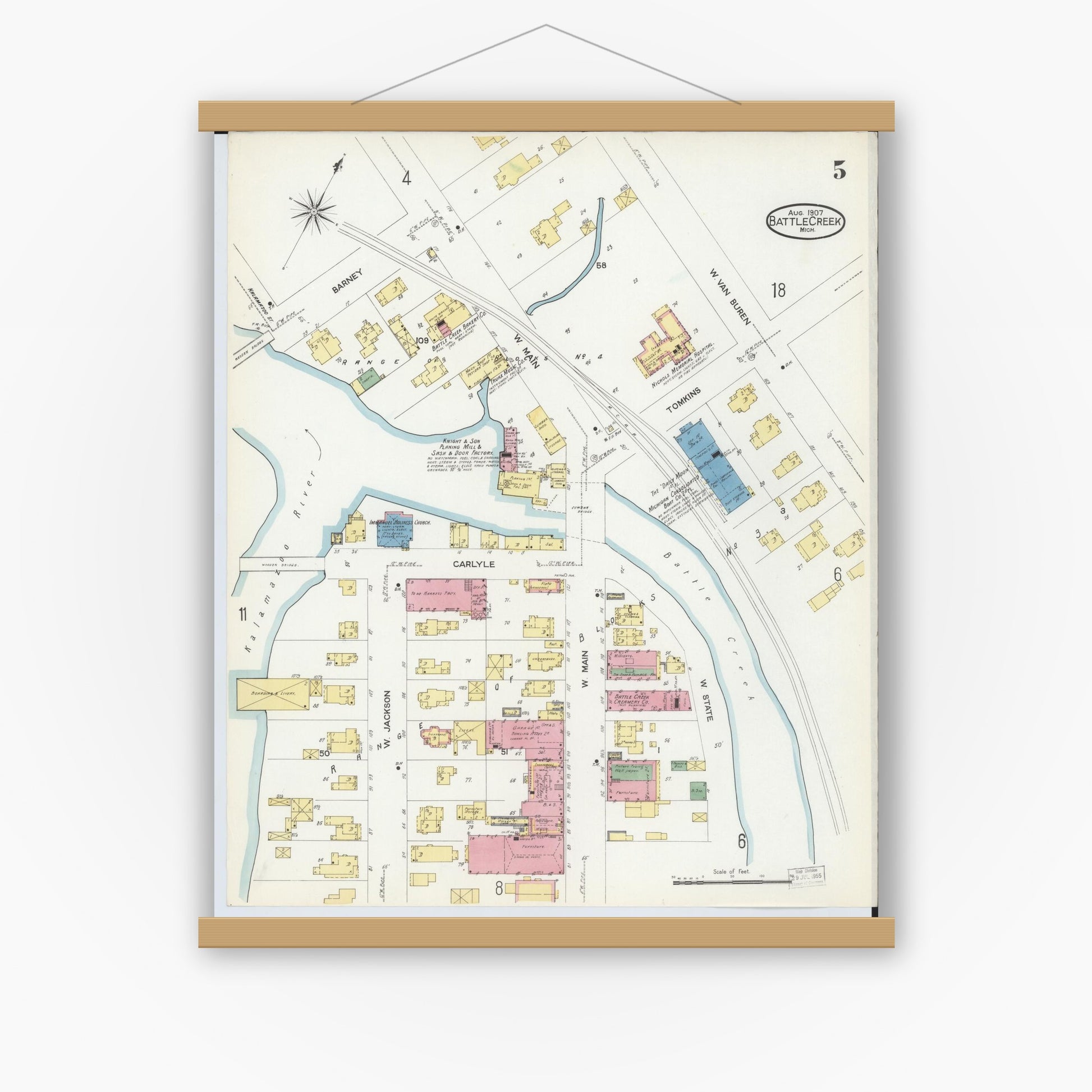 Old map wall art mockup — magnetic wood frame on white wall — Sanborn Fire Insurance Map from Battle Creek, Calhoun County, Michigan (1907), Sheet #0005