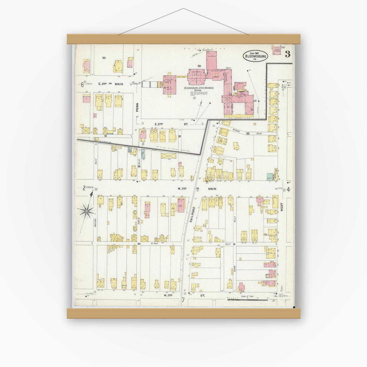 Old map wall art mockup — magnetic wood frame on white wall — Sanborn Fire Insurance Map from Bloomsburg, Columbia County, Pennsylvania (1907), Sheet #0003
