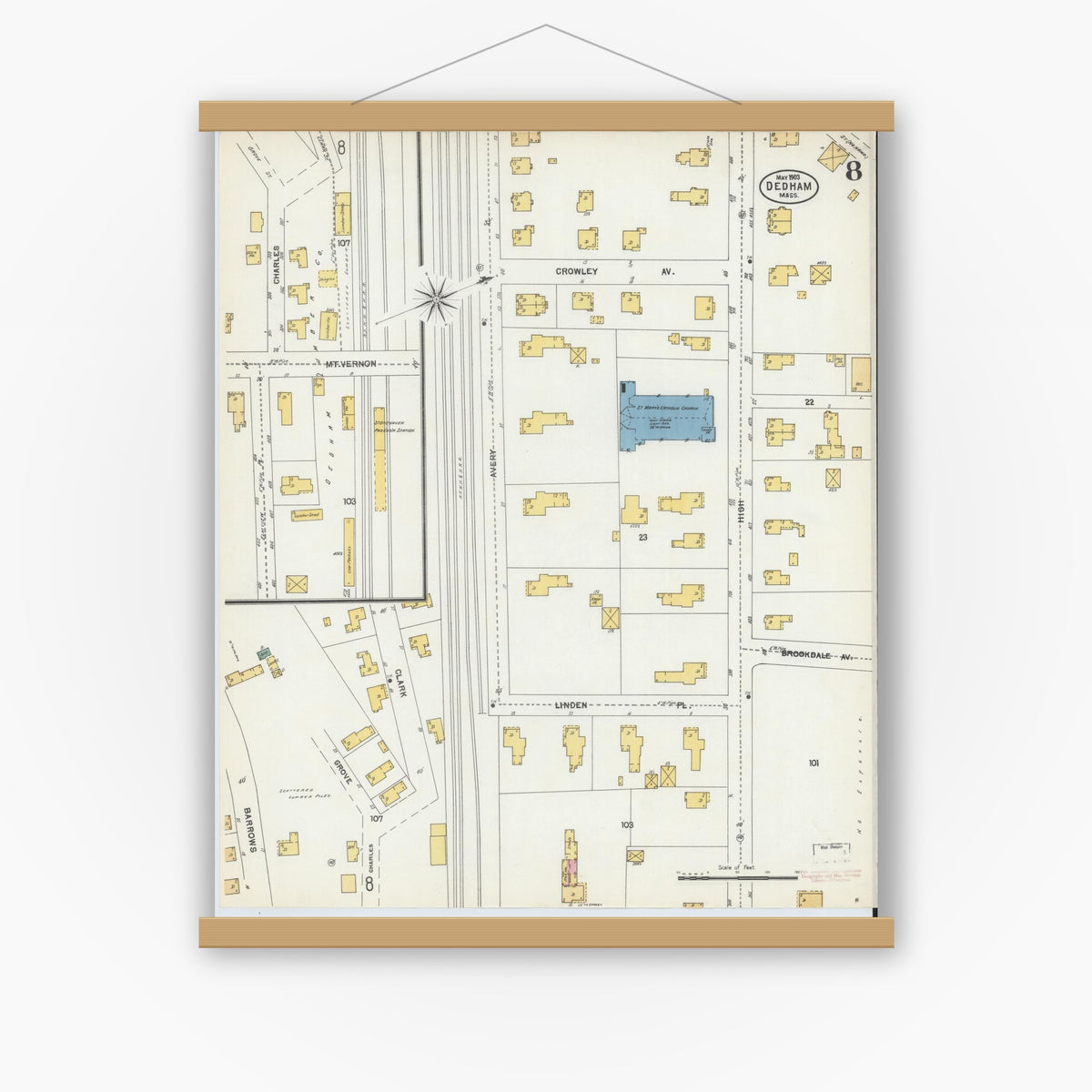 Old map wall art mockup — magnetic wood frame on white wall — Sanborn Fire Insurance Map from Dedham, Norfolk County, Massachusetts (1903), Sheet #0008
