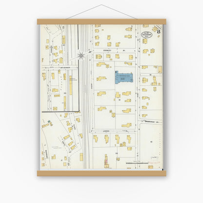 Old map wall art mockup — magnetic wood frame on white wall — Sanborn Fire Insurance Map from Dedham, Norfolk County, Massachusetts (1903), Sheet #0008