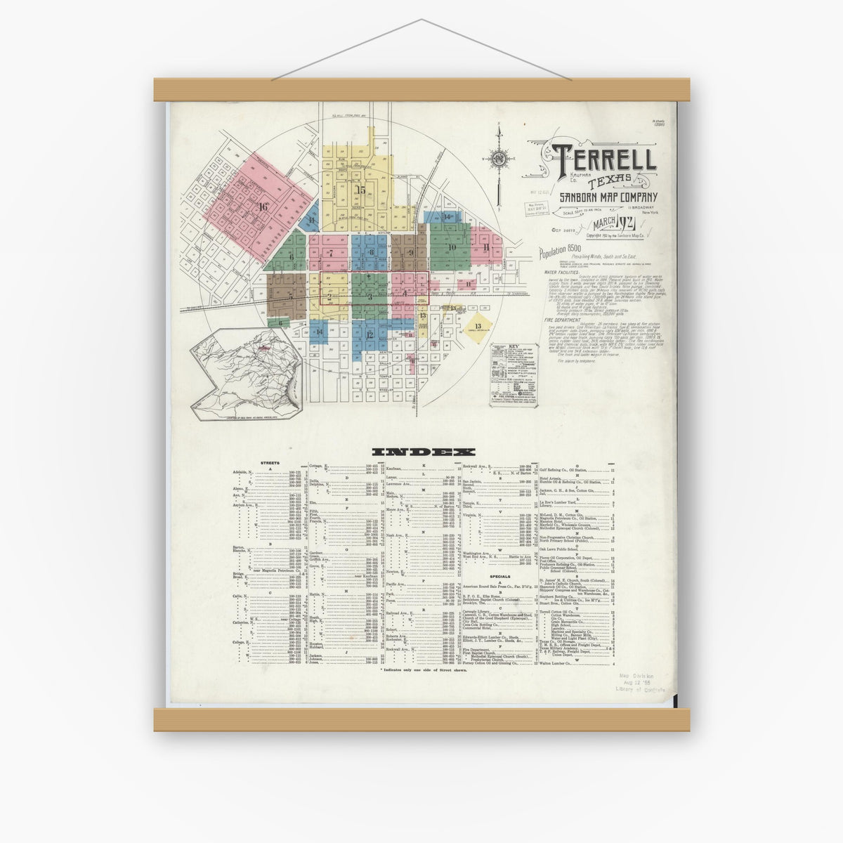 Old map wall art mockup — magnetic wood frame on white wall — Sanborn Fire Insurance Map from Terrell, Kaufman County, Texas (1921) - Complete Map Set
