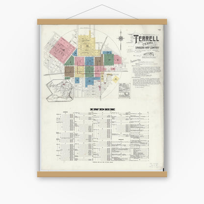 Old map wall art mockup — magnetic wood frame on white wall — Sanborn Fire Insurance Map from Terrell, Kaufman County, Texas (1921) - Complete Map Set