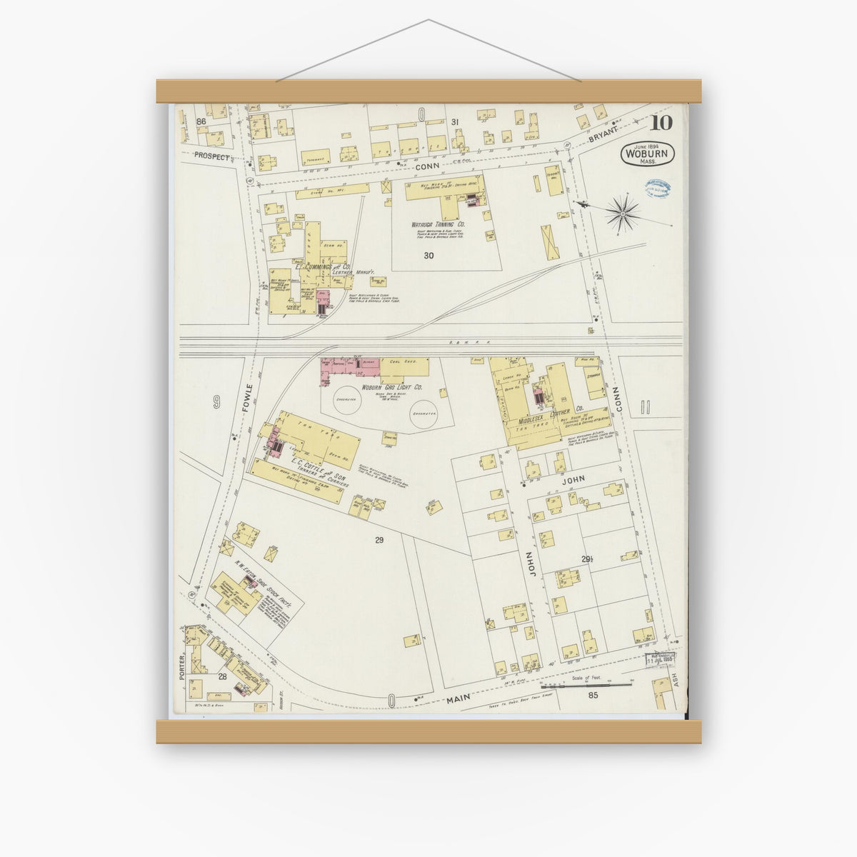 Old map wall art mockup — magnetic wood frame on white wall — Sanborn Fire Insurance Map from Woburn, Middlesex County, Massachusetts (1894), Sheet #0010