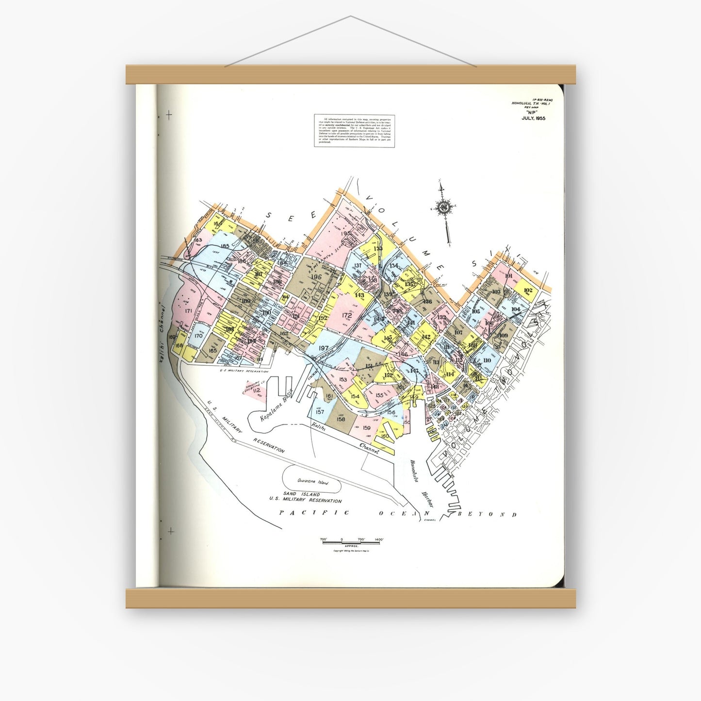 Old map wall art mockup — magnetic wood frame on white wall — Sanborn Fire Insurance Map from Honolulu, Oahu County, Hawaii (1955), Sheet #0001