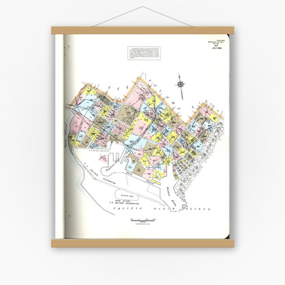 Old map wall art mockup — magnetic wood frame on white wall — Sanborn Fire Insurance Map from Honolulu, Oahu County, Hawaii (1955), Sheet #0001