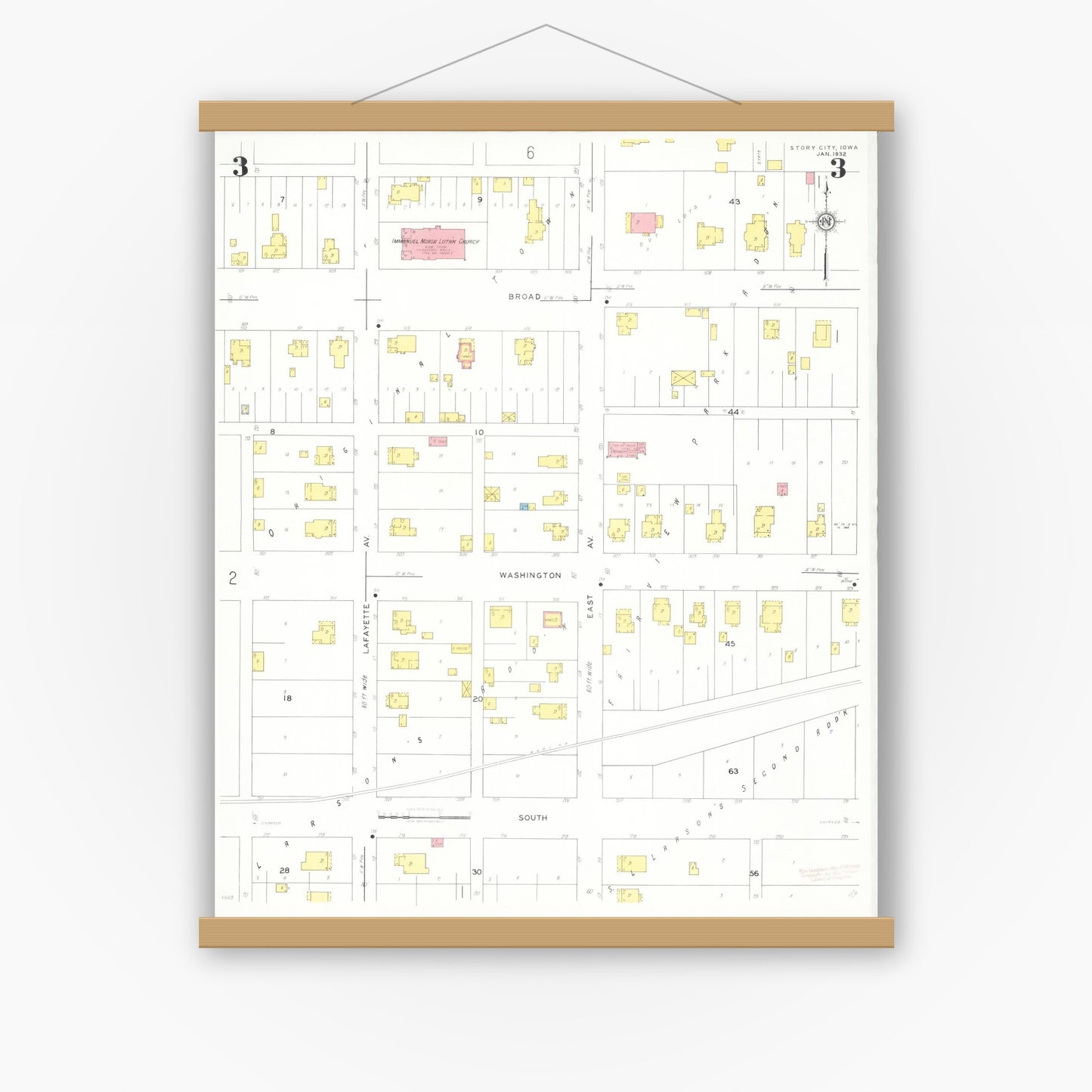 Old map wall art mockup — magnetic wood frame on white wall — Sanborn Fire Insurance Map from Story City, Story County, Iowa (1932), Sheet #0003