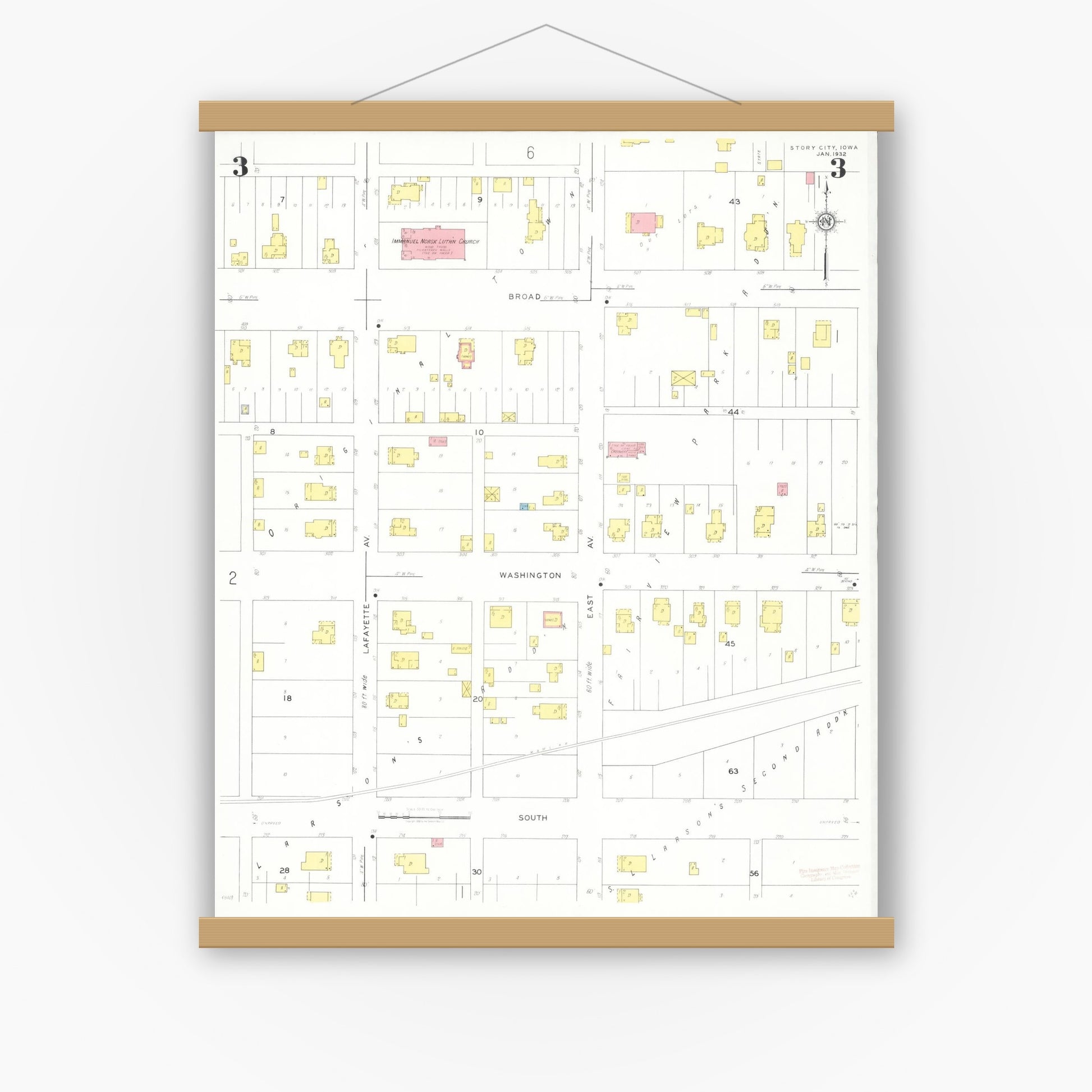 Old map wall art mockup — magnetic wood frame on white wall — Sanborn Fire Insurance Map from Story City, Story County, Iowa (1932), Sheet #0003