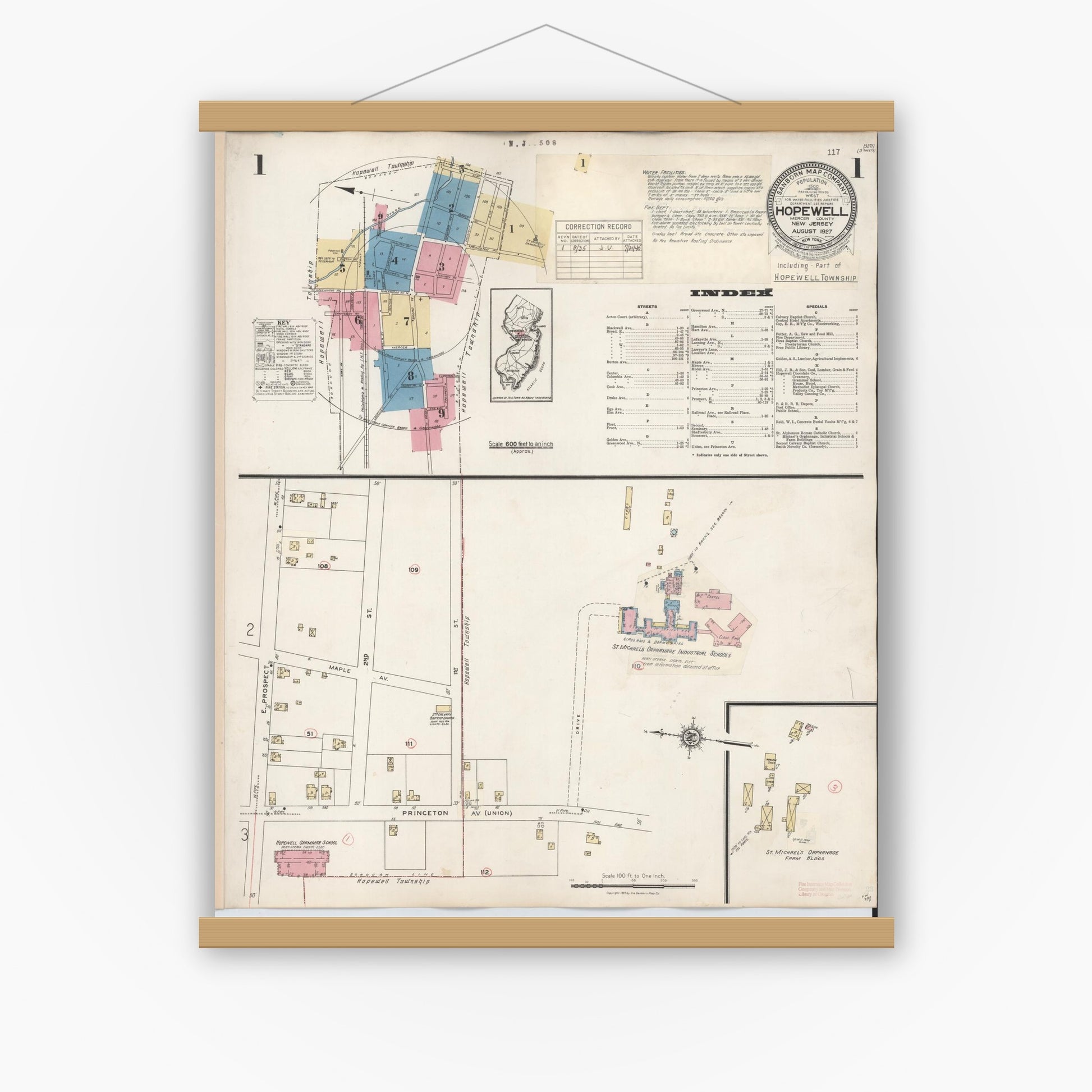 Old map wall art mockup — magnetic wood frame on white wall — Sanborn Fire Insurance Map from Hopewell, Mercer County, New Jersey (1935) - Complete Map Set