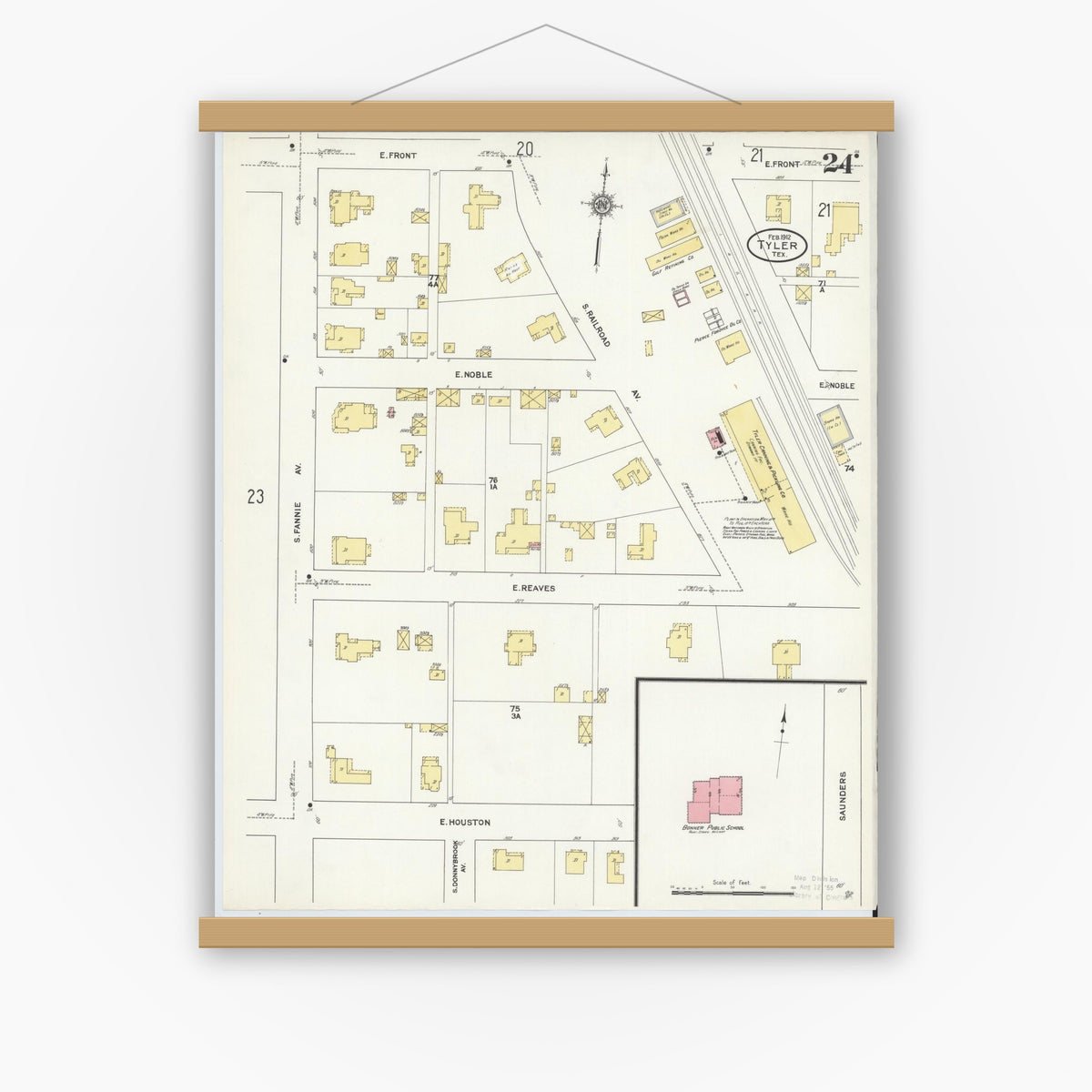Old map wall art mockup — magnetic wood frame on white wall — Sanborn Fire Insurance Map from Tyler, Smith County, Texas (1912), Sheet #0024