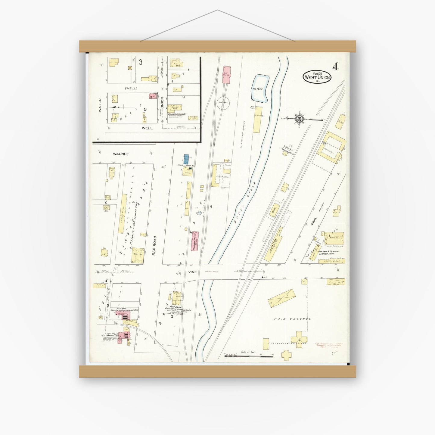 Old map wall art mockup — magnetic wood frame on white wall — Sanborn Fire Insurance Map from West Union, Fayette County, Iowa (1913), Sheet #0004