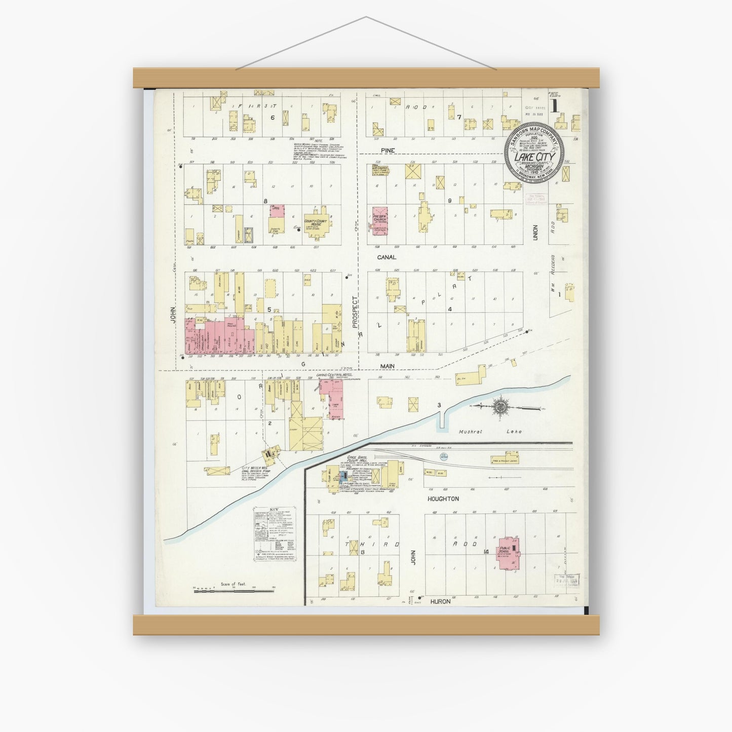 Old map wall art mockup — magnetic wood frame on white wall — Sanborn Fire Insurance Map from Lake City, Missaukee County, Michigan (1910) - Complete Map Set