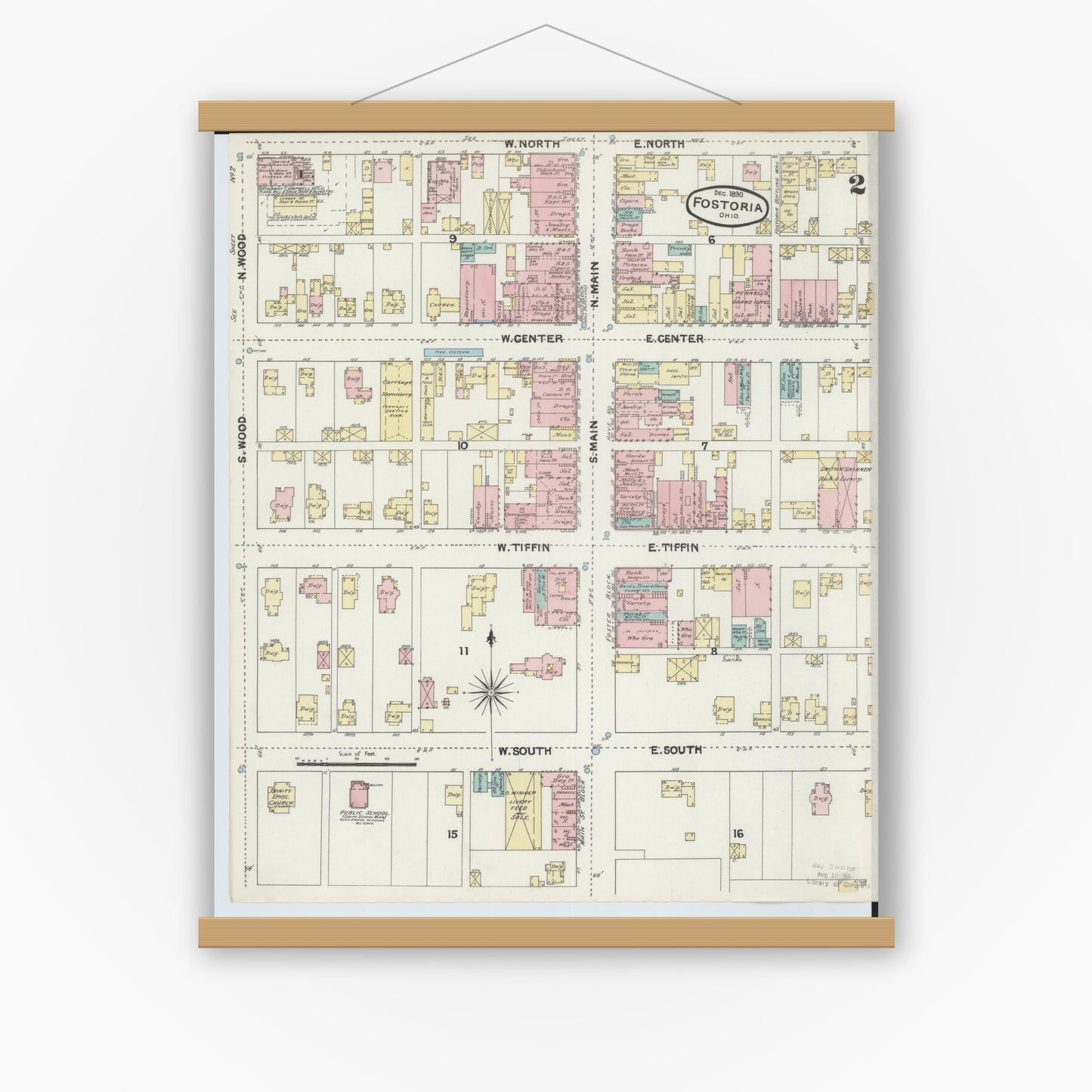 Old map wall art mockup — magnetic wood frame on white wall — Sanborn Fire Insurance Map from Fostoria, Seneca, Hancock, And Wood Counties, Ohio (1891), Sheet #0002