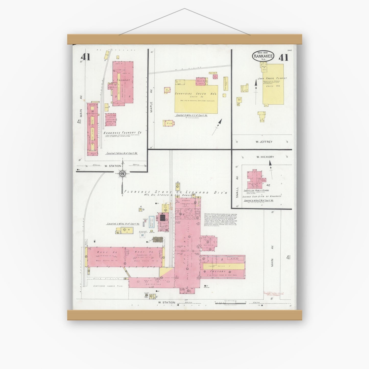 Old map wall art mockup — magnetic wood frame on white wall — Sanborn Fire Insurance Map from Kankakee, Kankakee County, Illinois (1930), Sheet #0041