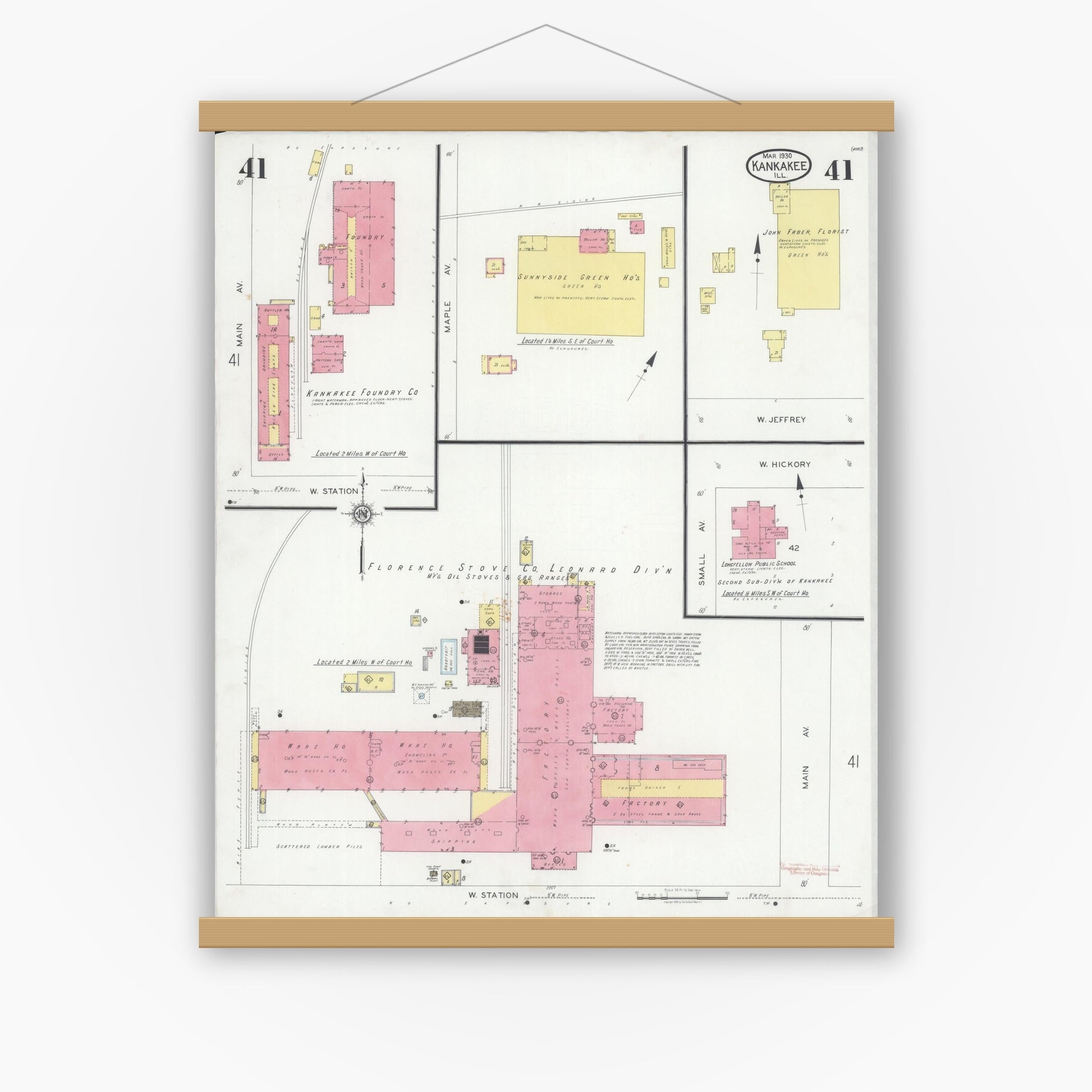Old map wall art mockup — magnetic wood frame on white wall — Sanborn Fire Insurance Map from Kankakee, Kankakee County, Illinois (1930), Sheet #0041