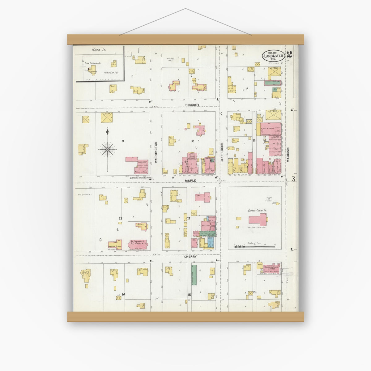 Old map wall art mockup — magnetic wood frame on white wall — Sanborn Fire Insurance Map from Lancaster, Grant County, Wisconsin (1899), Sheet #0002