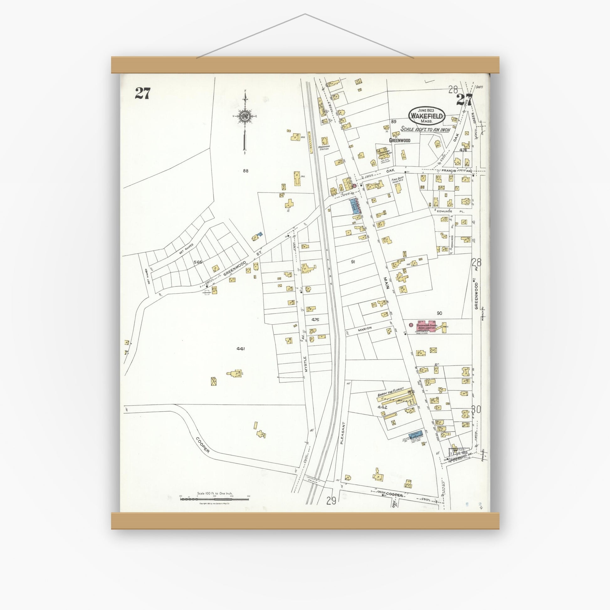 Old map wall art mockup — magnetic wood frame on white wall — Sanborn Fire Insurance Map from Wakefield, Middlesex County, Massachusetts (1923), Sheet #0027