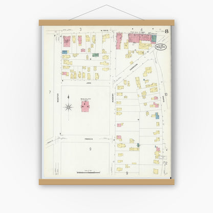 Old map wall art mockup — magnetic wood frame on white wall — Sanborn Fire Insurance Map from Malone, Franklin County, New York (1908), Sheet #0008