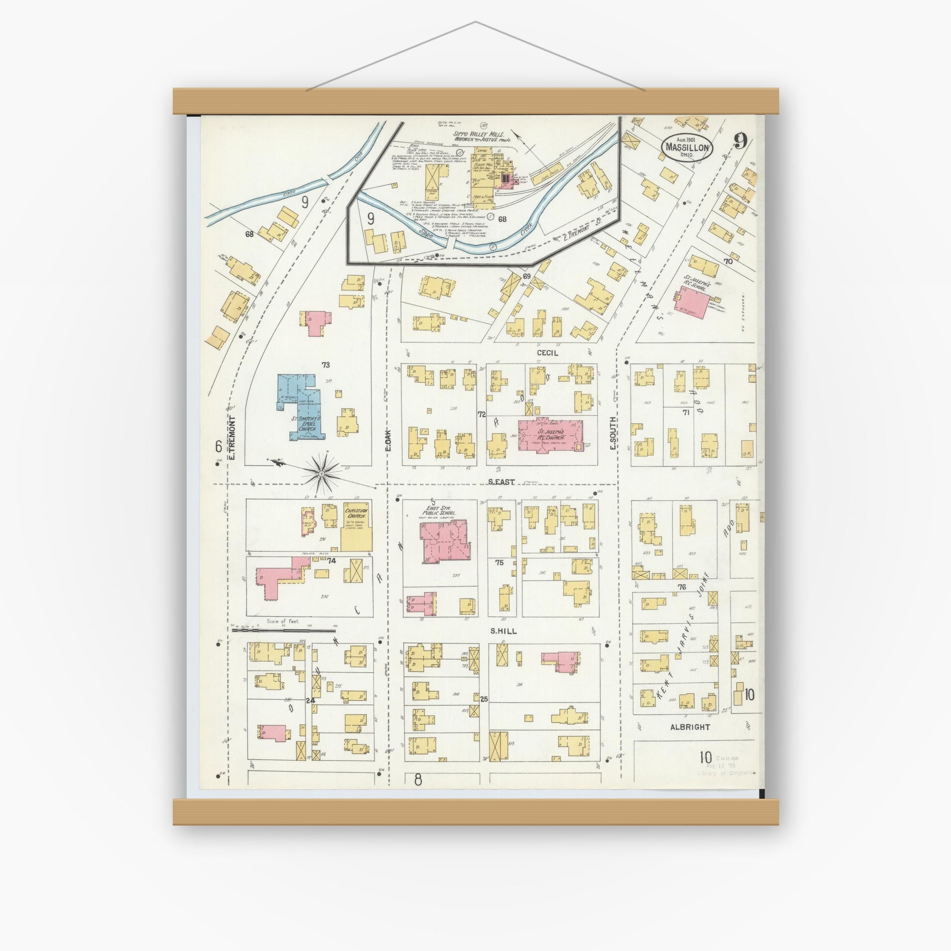 Old map wall art mockup — magnetic wood frame on white wall — Sanborn Fire Insurance Map from Massillon, Stark County, Ohio (1901), Sheet #0009