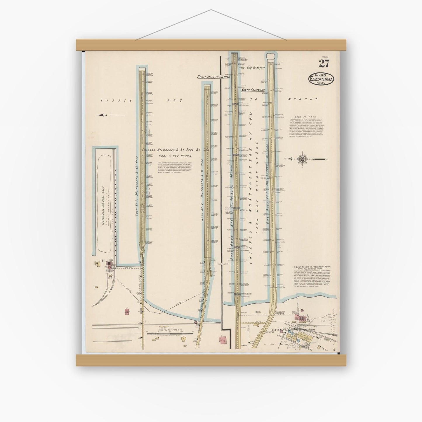 Old map wall art mockup — magnetic wood frame on white wall — Sanborn Fire Insurance Map from Escanaba, Delta County, Michigan (1921), Sheet #0027