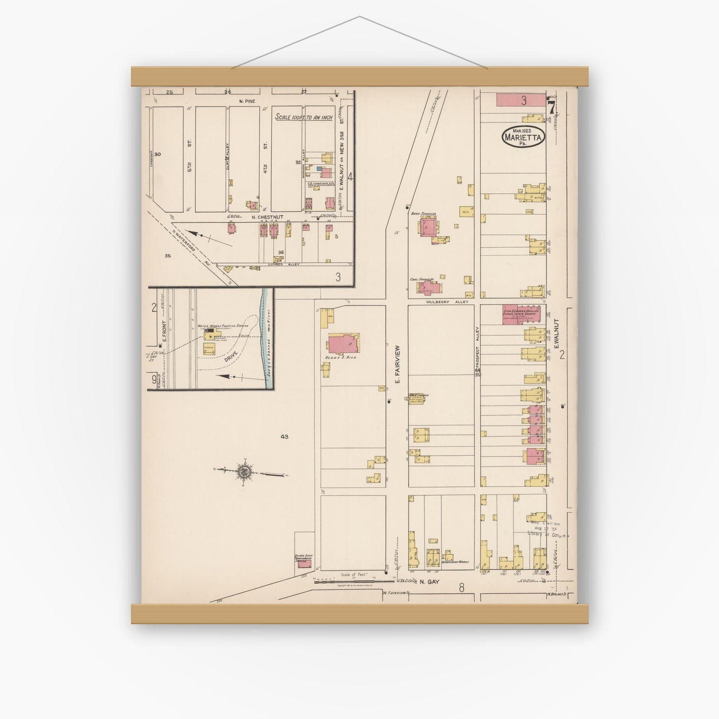 Old map wall art mockup — magnetic wood frame on white wall — Sanborn Fire Insurance Map from Marietta, Lancaster County, Pennsylvania (1922), Sheet #0007