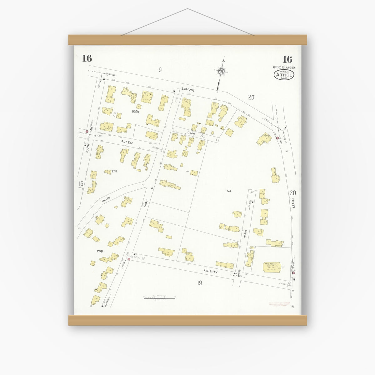Old map wall art mockup — magnetic wood frame on white wall — Sanborn Fire Insurance Map from Athol, Worcester County, Massachusetts (1936), Sheet #0016